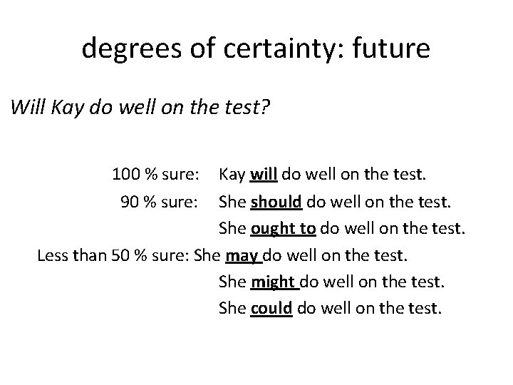 degrees of certainty: future Will Kay do well on the test? 100 % sure: