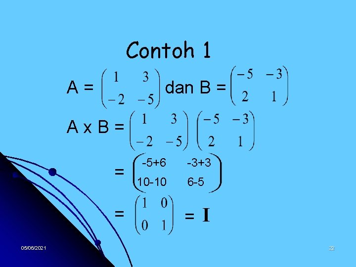 Contoh 1 A= dan B = Ax. B= = = 05/06/2021 -5+6 -3+3 10