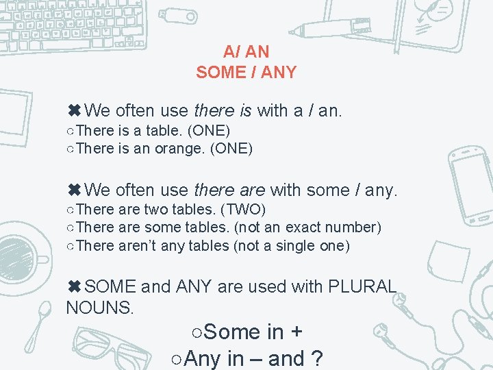 A/ AN SOME / ANY ✖We often use there is with a / an.