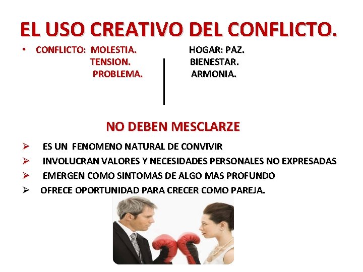 EL USO CREATIVO DEL CONFLICTO. • CONFLICTO: MOLESTIA. TENSION. PROBLEMA. HOGAR: PAZ. BIENESTAR. ARMONIA.