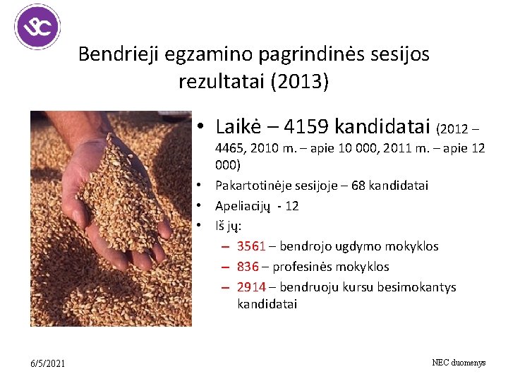 Bendrieji egzamino pagrindinės sesijos rezultatai (2013) • Laikė – 4159 kandidatai (2012 – 4465,