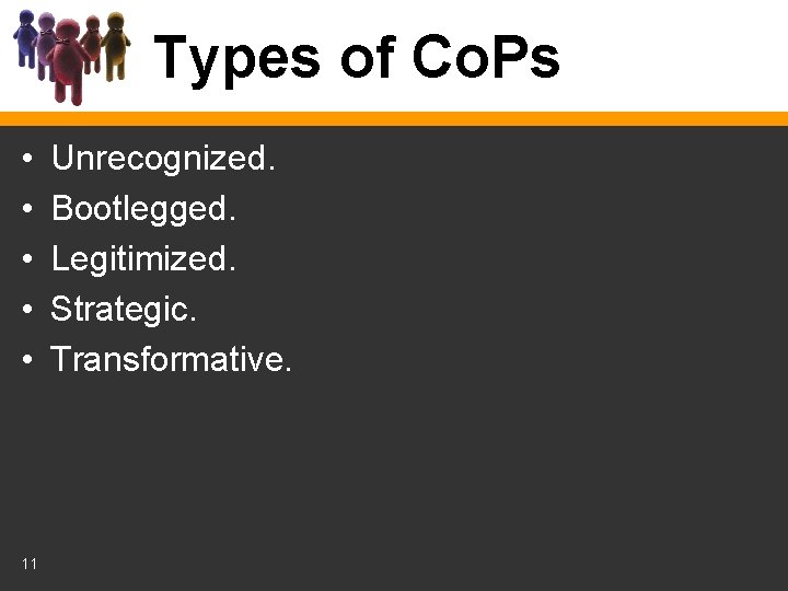 Types of Co. Ps • • • 11 Unrecognized. Bootlegged. Legitimized. Strategic. Transformative. 