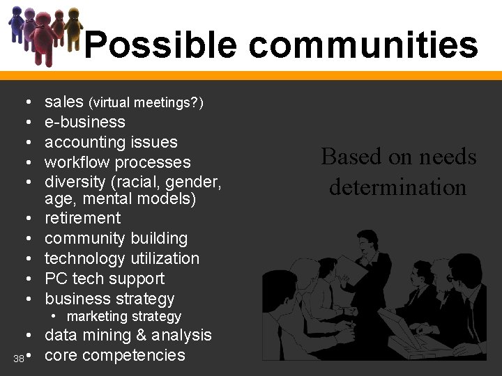 Possible communities • • • sales (virtual meetings? ) e-business accounting issues workflow processes