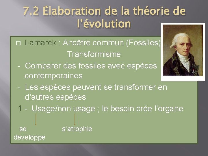 7. 2 Élaboration de la théorie de l’évolution Lamarck : Ancêtre commun (Fossiles) Transformisme