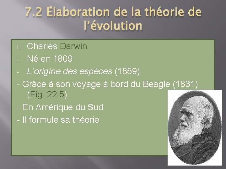 7. 2 Élaboration de la théorie de l’évolution Charles Darwin - Né en 1809
