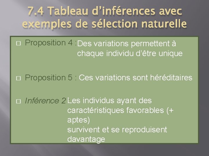 7. 4 Tableau d’inférences avec exemples de sélection naturelle � Proposition 4 : Des