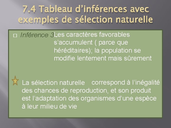 7. 4 Tableau d’inférences avec exemples de sélection naturelle � Inférence 3 Les :