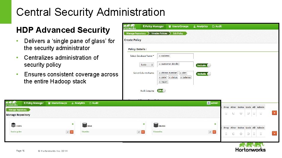 Central Security Administration HDP Advanced Security • Delivers a ‘single pane of glass’ for