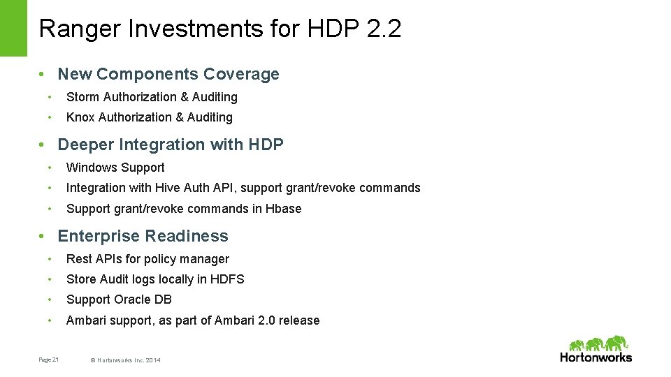 Ranger Investments for HDP 2. 2 • New Components Coverage • Storm Authorization &