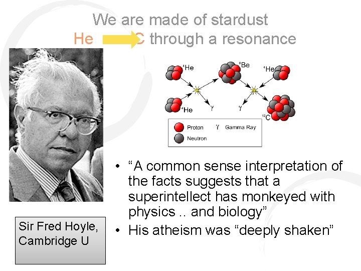 We are made of stardust He C through a resonance Sir Fred Hoyle, Cambridge