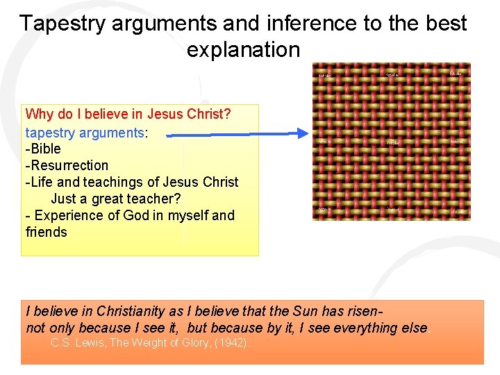 Tapestry arguments and inference to the best explanation Why do I believe in Jesus