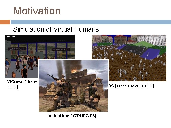 Motivation Simulation of Virtual Humans Vi. Crowd [Musse & Thalmann 01; EPFL] Virtual Iraq