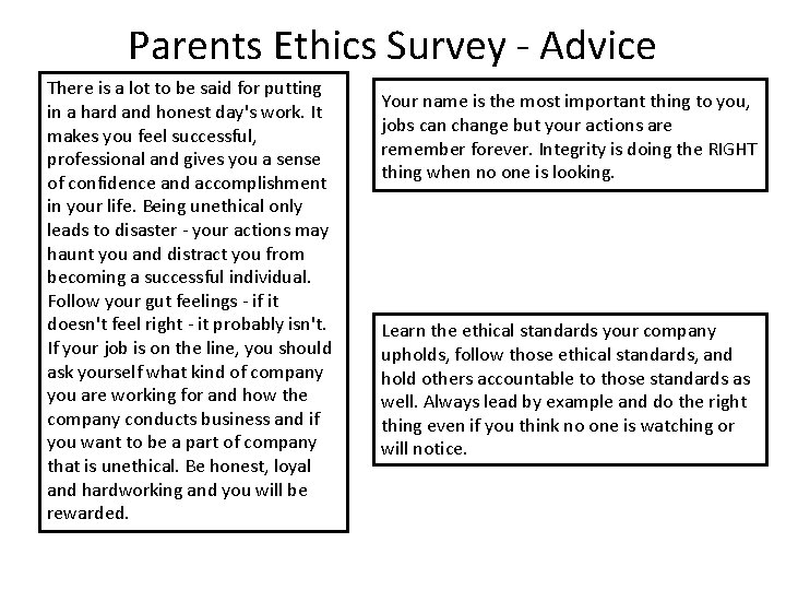 Parents Ethics Survey - Advice There is a lot to be said for putting