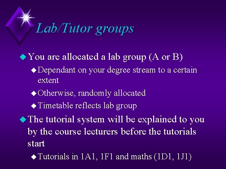 Lab/Tutor groups u You are allocated a lab group (A or B) u Dependant