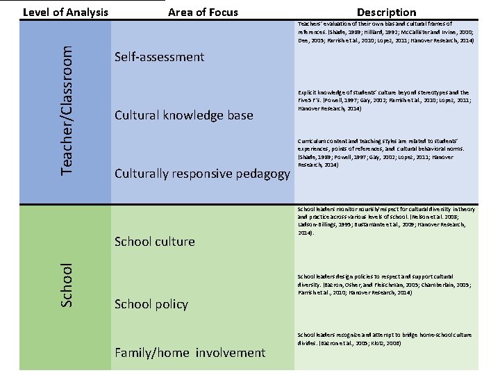 Level of Analysis Area of Focus Description Teacher/Classroom Teachers’ evaluation of their own bias