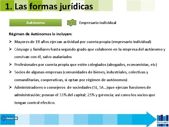 1. Las formas jurídicas Autónomo Empresario individual Régimen de Autónomos lo incluyen: Ø Mayores