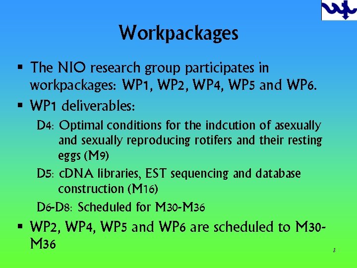 Workpackages § The NIO research group participates in workpackages: WP 1, WP 2, WP