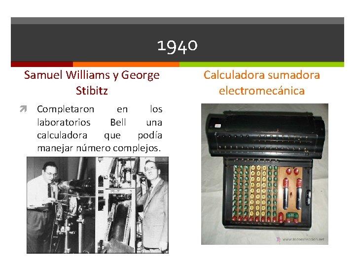1940 Samuel Williams y George Stibitz Completaron en los laboratorios Bell una calculadora que