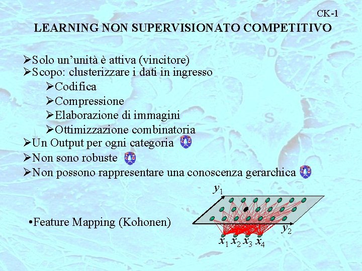 CK-1 LEARNING NON SUPERVISIONATO COMPETITIVO ØSolo un’unità è attiva (vincitore) ØScopo: clusterizzare i dati