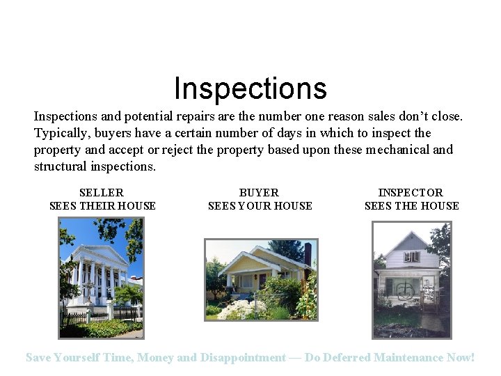 Inspections and potential repairs are the number one reason sales don’t close. Typically, buyers