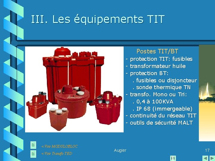 III. Les équipements TIT Postes TIT/BT - protection TIT: fusibles transformateur huile protection BT: