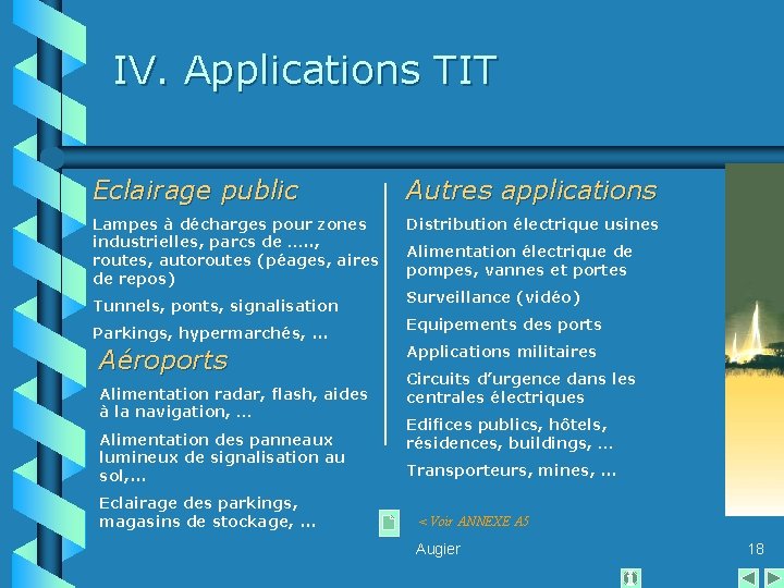 IV. Applications TIT Eclairage public Autres applications Lampes à décharges pour zones industrielles, parcs