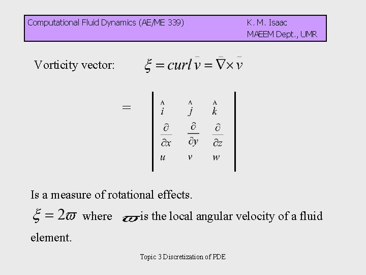 Computational Fluid Dynamics (AE/ME 339) K. M. Isaac MAEEM Dept. , UMR Vorticity vector: