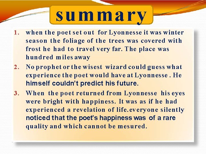 summary 1. when the poet set out for Lyonnesse it was winter season the