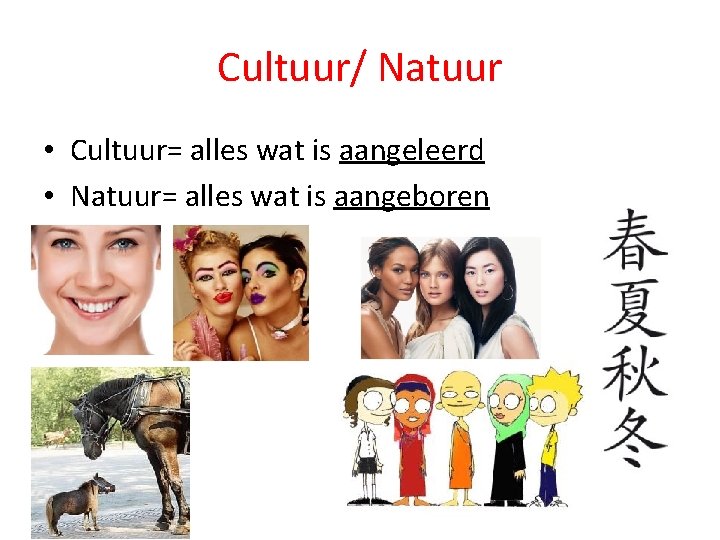 Cultuur/ Natuur • Cultuur= alles wat is aangeleerd • Natuur= alles wat is aangeboren
