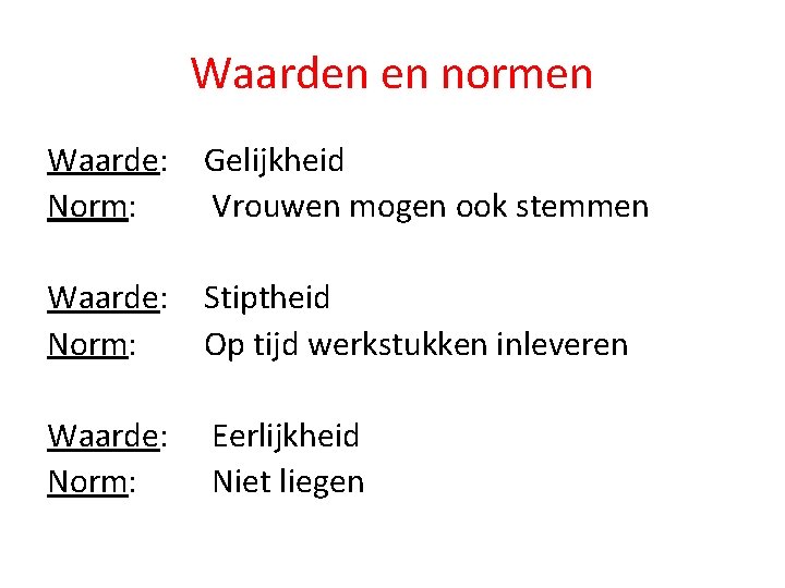 Waarden en normen Waarde: Norm: Gelijkheid Vrouwen mogen ook stemmen Waarde: Norm: Stiptheid Op