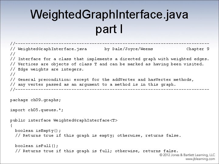 Weighted. Graph. Interface. java part I //--------------------------------------// Weighted. Graph. Interface. java by Dale/Joyce/Weems Chapter