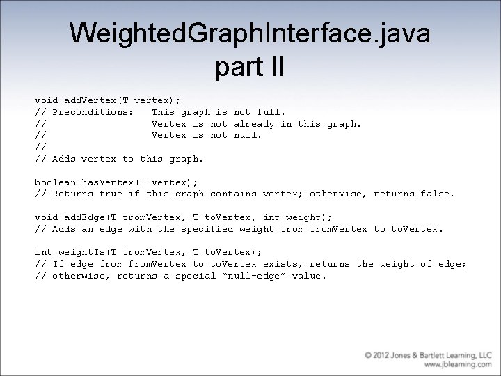 Weighted. Graph. Interface. java part II void add. Vertex(T vertex); // Preconditions: This graph