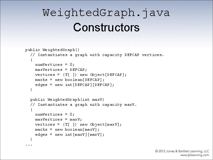 Weighted. Graph. java Constructors public Weighted. Graph() // Instantiates a graph with capacity DEFCAP