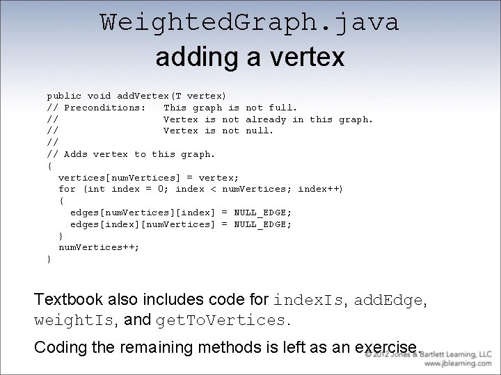 Weighted. Graph. java adding a vertex public void add. Vertex(T vertex) // Preconditions: This