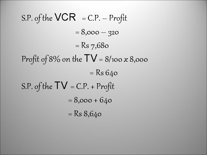S. P. of the VCR = C. P. – Profit = 8, 000 –
