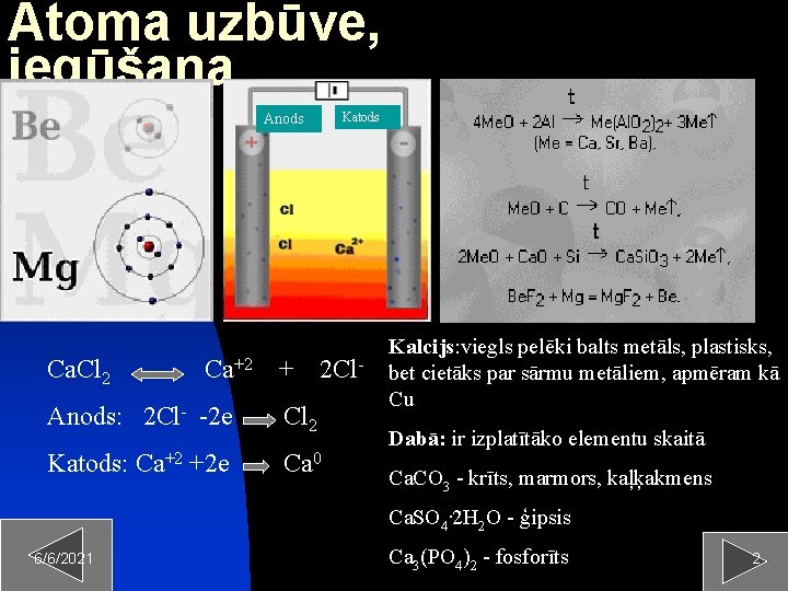 Atoma uzbūve, iegūšana Katods Anods Ca. Cl 2 Ca+2 + 2 Cl- Anods: 2