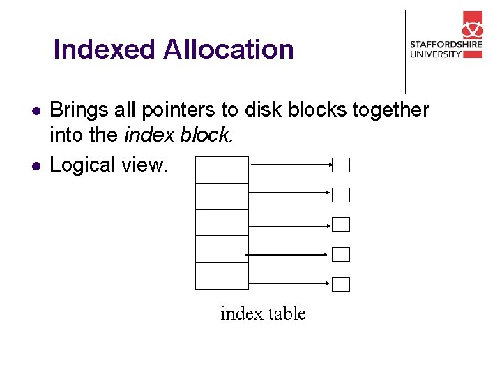 Indexed Allocation l l Brings all pointers to disk blocks together into the index