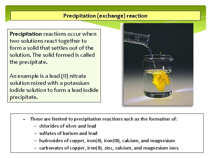 Precipitation (exchange) reaction Precipitation reactions occur when two solutions react together to form a Precipitation (exchange) reaction Precipitation reactions occur when two solutions react together to form a