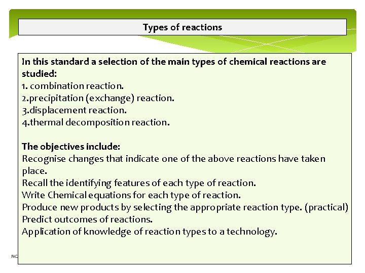 Types of reactions In this standard a selection of the main types of chemical Types of reactions In this standard a selection of the main types of chemical