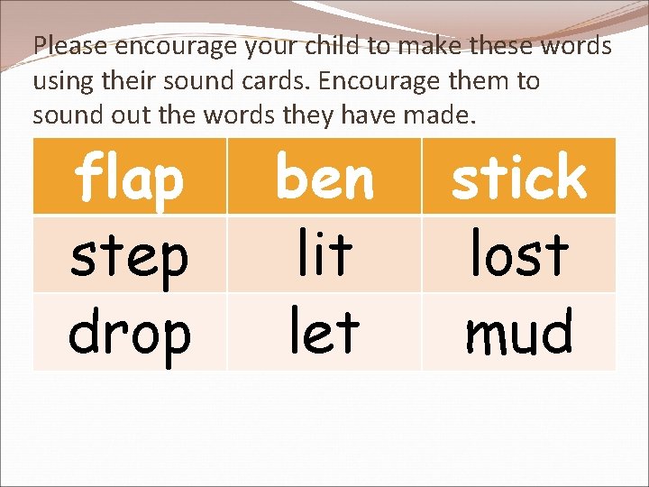 Please encourage your child to make these words using their sound cards. Encourage them