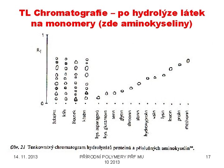TL Chromatografie – po hydrolýze látek na monomery (zde aminokyseliny) 14. 11. 2013 PŘÍRODNÍ