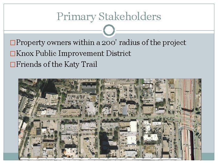 Primary Stakeholders �Property owners within a 200’ radius of the project �Knox Public Improvement