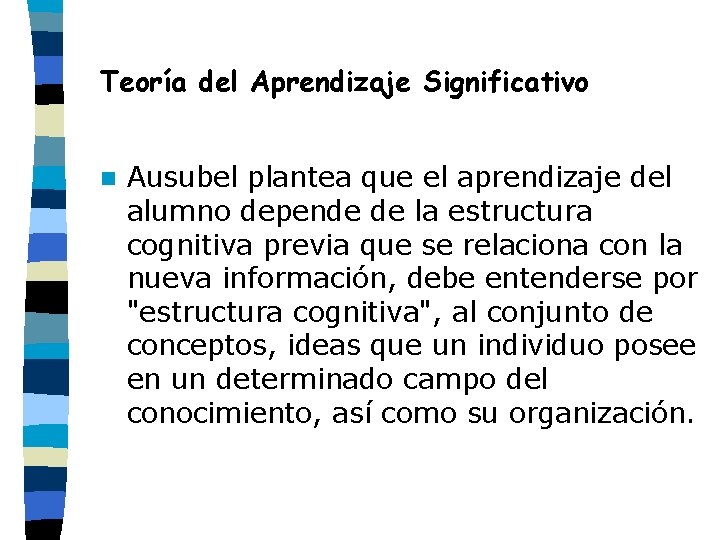 Teoría del Aprendizaje Significativo n Ausubel plantea que el aprendizaje del alumno depende de