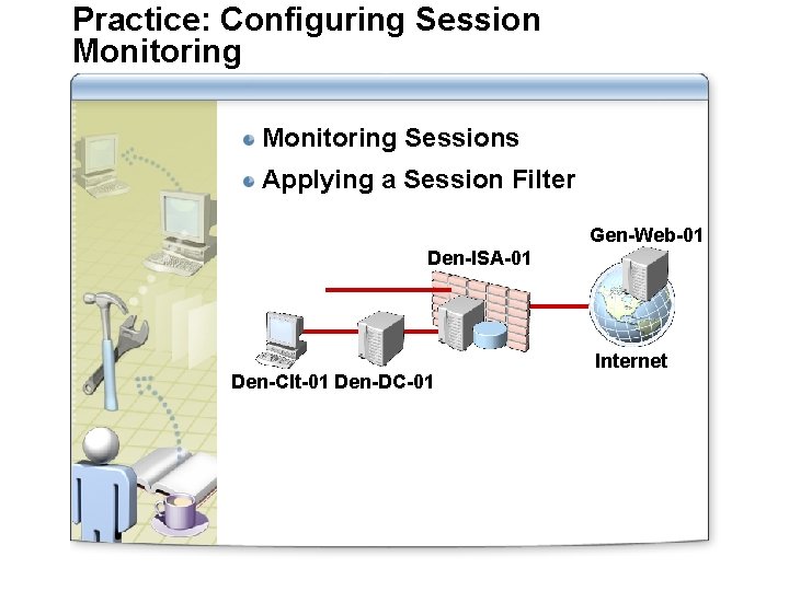 Practice: Configuring Session Monitoring Sessions Applying a Session Filter Gen-Web-01 Den-ISA-01 Den-Clt-01 Den-DC-01 Internet