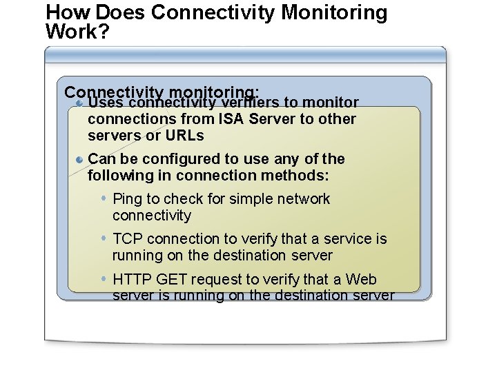 How Does Connectivity Monitoring Work? Connectivity monitoring: Uses connectivity verifiers to monitor connections from