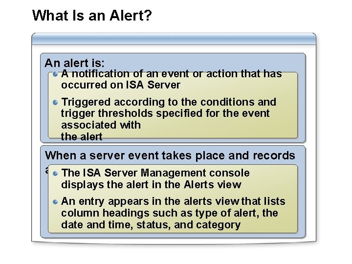 What Is an Alert? An alert is: A notification of an event or action