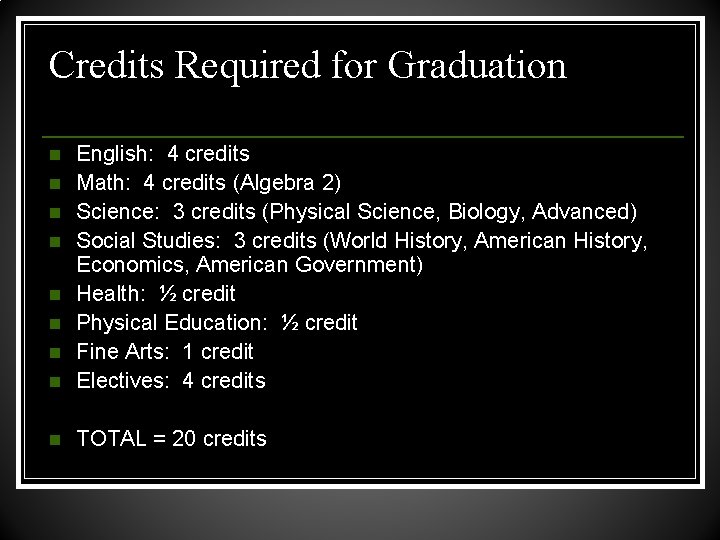 Credits Required for Graduation n English: 4 credits Math: 4 credits (Algebra 2) Science: