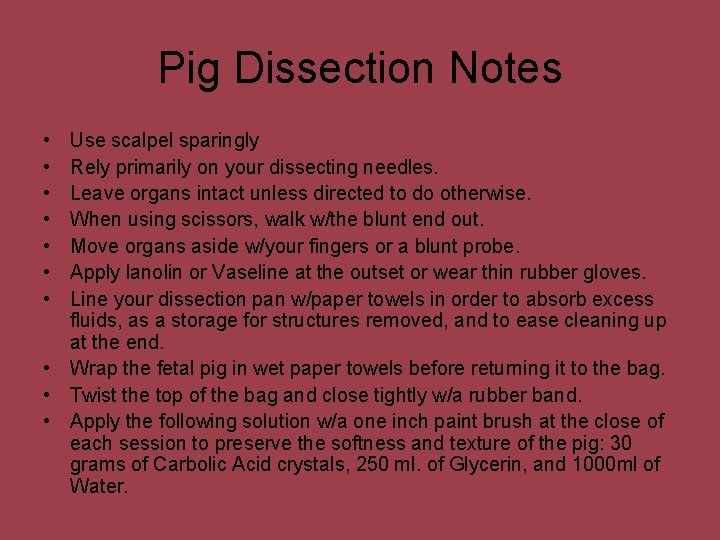 Pig Dissection Notes • • Use scalpel sparingly Rely primarily on your dissecting needles.