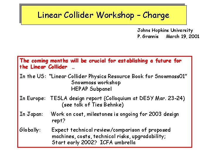 Linear Collider Workshop – Charge Johns Hopkins University P. Grannis March 19, 2001 The