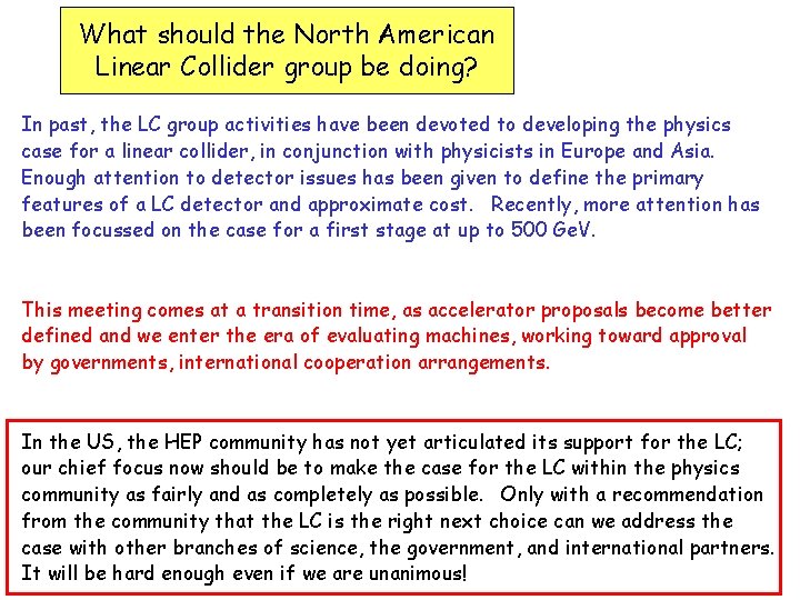 What should the North American Linear Collider group be doing? In past, the LC